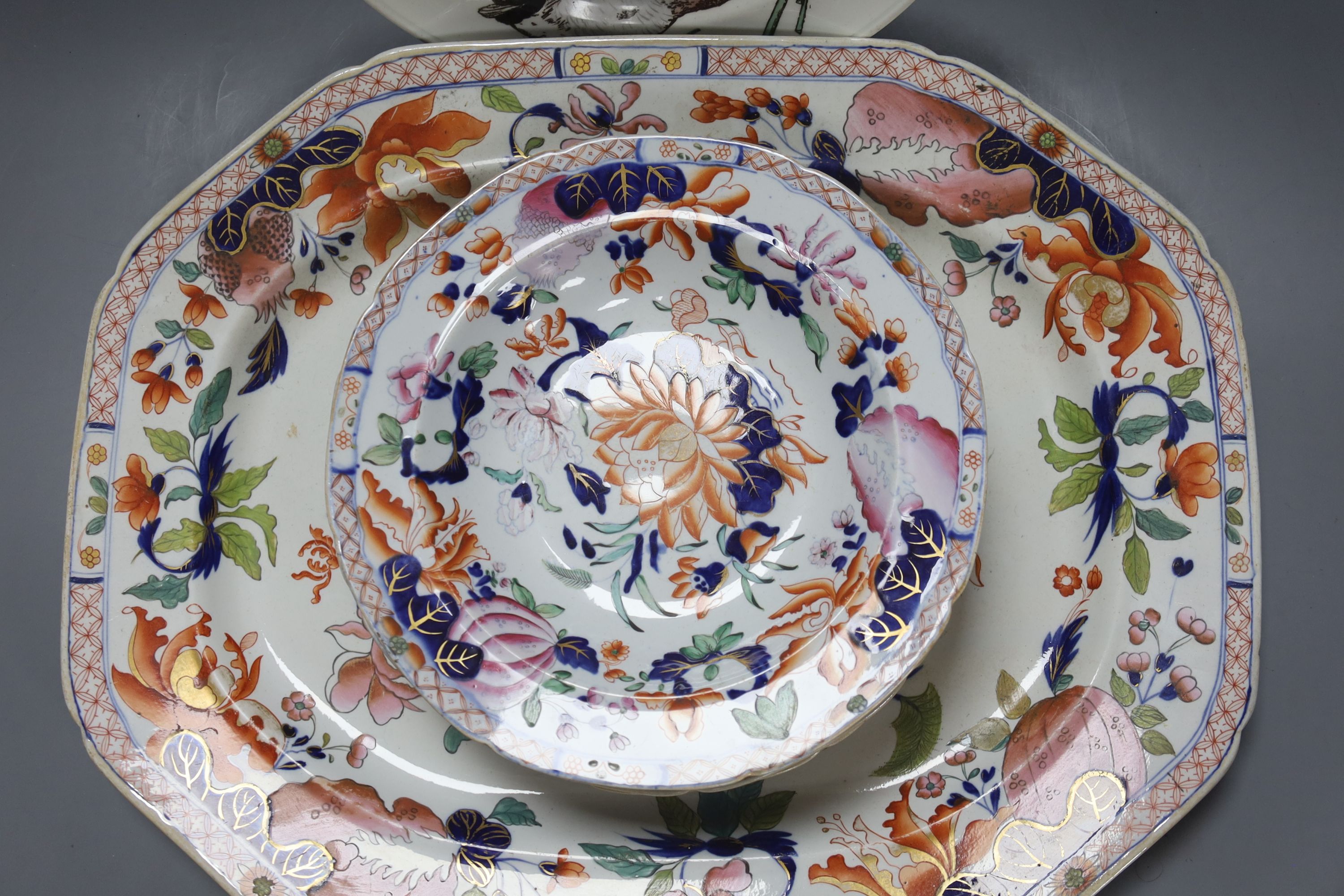 A Masons patent ironstone Imari pattern meat dish, 47cm, four plates and a Minton WS Coleman duck plate